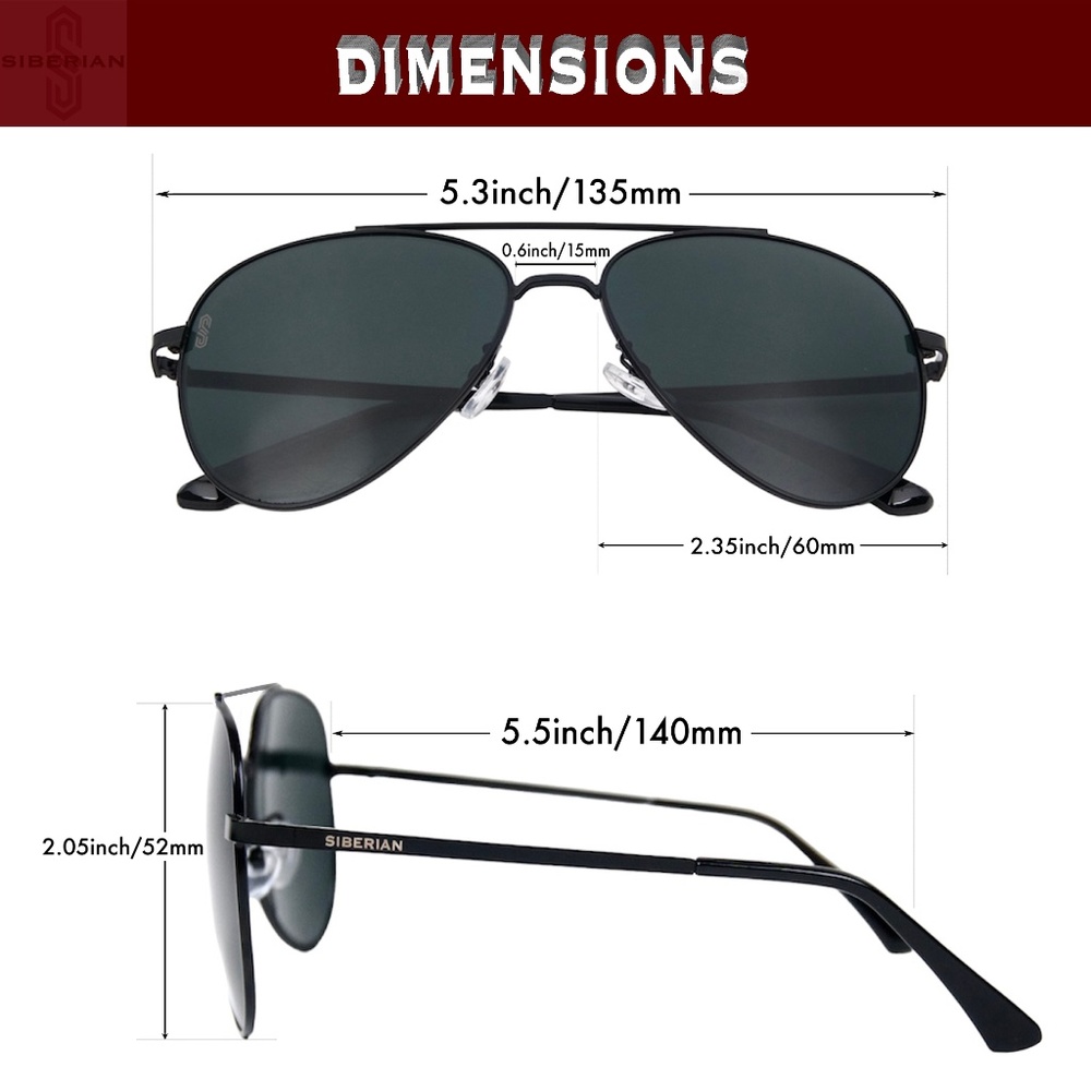 SIBERIAN Real Glass Lenses BLACK Classic Aviator Sunglasses Men/Women Size 60mm - Picture 4 of 16